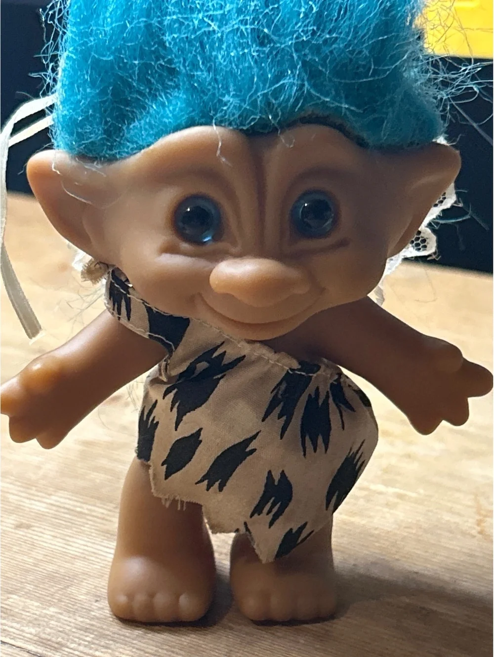 Vintage Troll Doll with Blue Hair and Animal Print Outfit